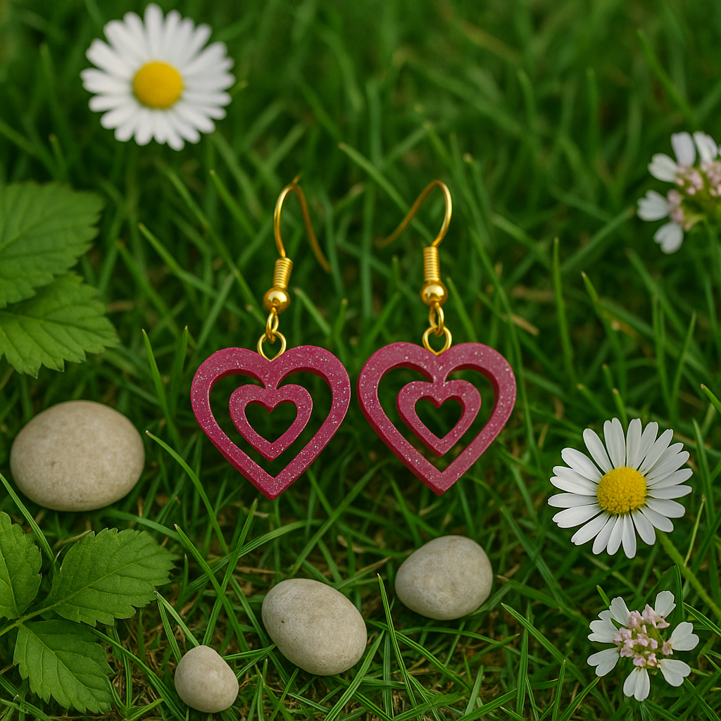 boucles d'oreilles coeurs fuchsia pailletées