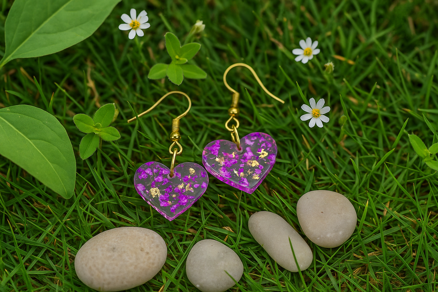 boucles d'oreilles coeurs feuilles d'or violettes & or