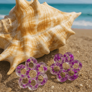 paire de pampilles fleurs fines translucides feuilles d'or violettes