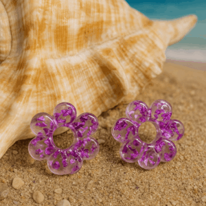 paire de pampilles  fleurs translucides feuilles d'or violettes