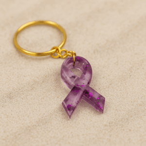 Porte clés  ruban translucide & feuilles d'or violettes