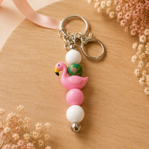 porte clés flamant rose  en perles silicone