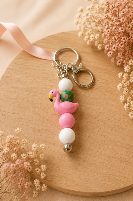 porte clés flamant rose en perles silicone